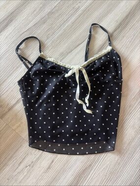 Stella Laguna Beach Black Polka Dot Satin Cami with Cream Trim